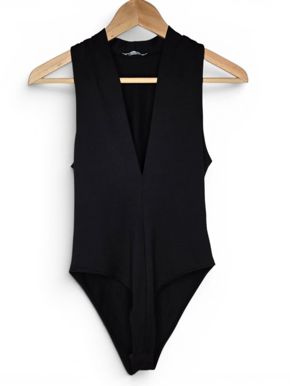 Zara Womens Black Bodysuit Deep Plunge V Neck Snap Crotch M
